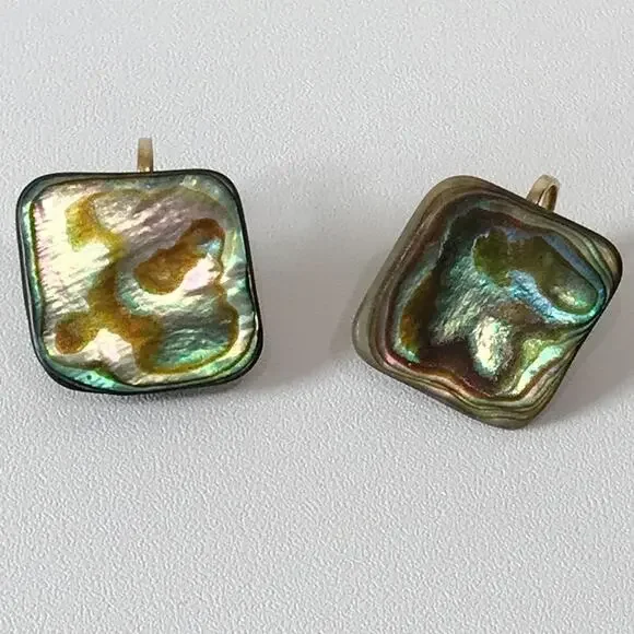 Vintage Abalone Shell Square Abstract Modernist Clip On Earrings Gold Tone - Picture 2 of 9